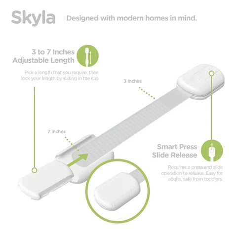 Diagram of 8 Pack No Drill Baby Proofing Cabinet Locks With 3M Adhesive Adjustable Child Safety Latches showing adjustable length and smart release