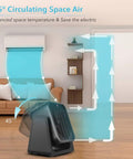 Black 2 In 1 Desk Fan And Space Heater with 45-degree tilt and airflow indication in a living room setting.
