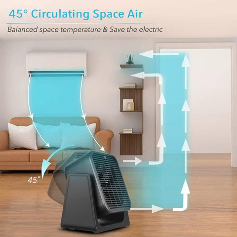 Black 2 In 1 Desk Fan And Space Heater with 45-degree tilt and airflow indication in a living room setting.