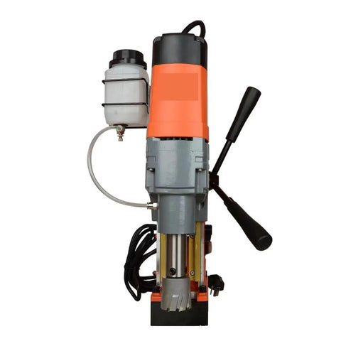 High Power Magnetic Drill for Steel Plate Metalworking With Stable Magnetic Base and Deep Hole Drilling from above, showing motor and handle.