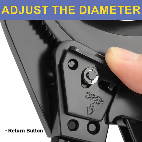 Close-up of Heavy Duty Ratchet Cable Cutter For Aluminum And Copper Wires Up To 400 Mm2 showing adjustment mechanism and return button.