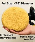 Hand holding 7.5 Inch Wool Polishing Pad, part of 2-pack for cars, boats, RVs. Blended wool, hook and loop backing visible.