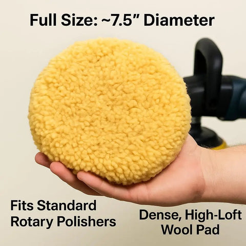 Hand holding 7.5 Inch Wool Polishing Pad, part of 2-pack for cars, boats, RVs. Blended wool, hook and loop backing visible.