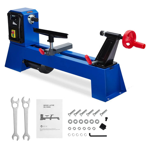 Heavy Duty 0.54 HP Benchtop Wood Lathe Machine 14X20 Inch with tools and manual for woodturning projects.