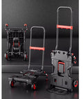Compact Portable Flatbed Hand Truck Dolly For Home Moving And Hauling Of Luggage Boxes Groceries And More With Foldable Flatbed And Trolley Modes Lightweight Alloy Frame And Easy Lift Handle Hauls Like A Boss, black folding dolly shown in flatbed and trolley modes