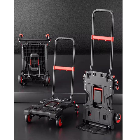 Compact Portable Flatbed Hand Truck Dolly For Home Moving And Hauling Of Luggage Boxes Groceries And More With Foldable Flatbed And Trolley Modes Lightweight Alloy Frame And Easy Lift Handle Hauls Like A Boss, black folding dolly shown in flatbed and trolley modes
