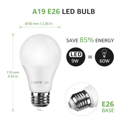 Smart LED Color Changing Bulbs With Alexa And Google Assistant, A19 E26, energy-saving diagram and dimensions, 2 Pack