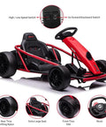 Red Turbocharged Dual 300W Motors 24V Go Kart for kids 8-12, with drifting tires, music horn, and safety belt.