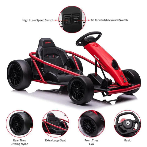Red Turbocharged Dual 300W Motors 24V Go Kart for kids 8-12, with drifting tires, music horn, and safety belt.