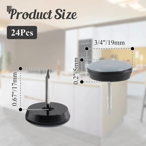 24 Pack Nail On Furniture Sliders Three Quarter Inch Round Teflon Pads For Chair Legs Floor Protectors, gray and black, product size diagram
