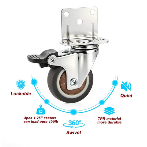 Smooth Rollin 1.25 Inch Rubber Side Mount Caster Wheels L Shaped Plate 360 Swivel Casters 4 Pcs Locking Heavy Duty 150 Lbs close-up view of lockable wheel with mounting plate.