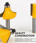One Quarter Inch Shank Router Bits Set, 15 Piece Tungsten Carbide Woodworking Kit with three bits, yellow coating, close-up.