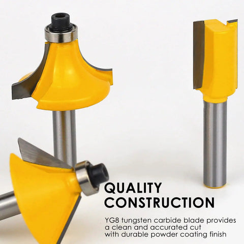 One Quarter Inch Shank Router Bits Set, 15 Piece Tungsten Carbide Woodworking Kit with three bits, yellow coating, close-up.