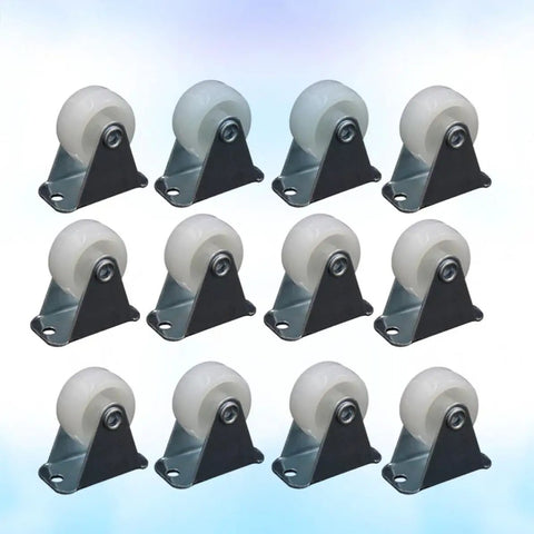 12 Pcs White 1 Inch PP Nylon Caster Wheels for Furniture and Office display, featuring durable plastic wheels with metal plates.