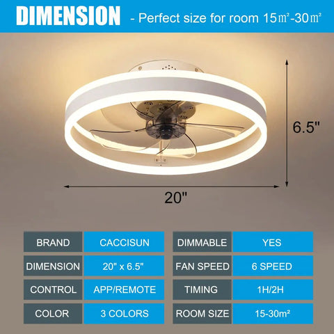 20 Inch Smart Ceiling Fan With Remote And App Control And Light No Fuss Modern Flush Mount Bladeless Ceiling Fan With 3 Color Modes And 6 Speeds Low Profile Ceiling Lighting Fan For Bedroom Living Room Kitchen White, shown with dimensions and specifications.