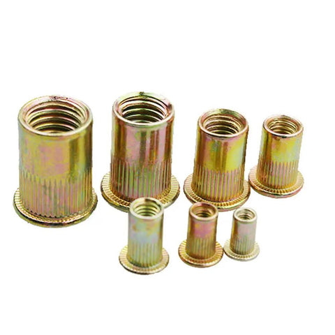 90 Piece Mixed Zinc Plated Carbon Steel Flat Head Rivet Nut Kit With M3 M4 M5 M6 M8 M10 Thread Sizes In Gold Finish