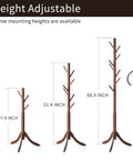 Freestanding Bamboo Coat Rack With 8 Hooks, Adjustable Height from 37.4 to 68.9 inches, Classic Brown Finish, Durable Construction