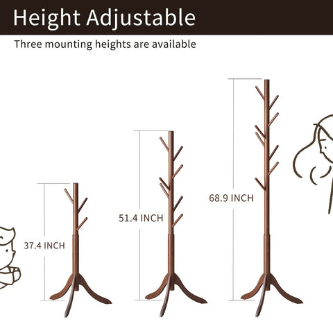 Freestanding Bamboo Coat Rack With 8 Hooks, Adjustable Height from 37.4 to 68.9 inches, Classic Brown Finish, Durable Construction