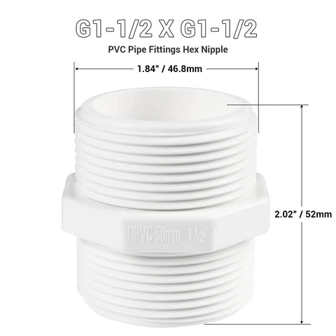 Five Pack 1-1/2 Inch PVC Pipe Fittings Hex Nipple G1-1/2 X G1-1/2 Male Thread Coupling Connector in white PVC material