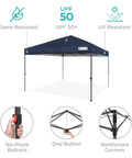 8x8ft Pop Up Canopy Tent For Fast Outdoor Shade No Fuss Setup One Person Setup In Under A Minute Navy Blue with features illustrated