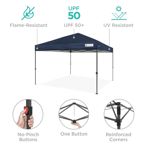 8x8ft Pop Up Canopy Tent For Fast Outdoor Shade No Fuss Setup One Person Setup In Under A Minute Navy Blue with features illustrated