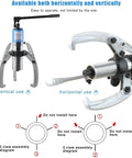 Heavy Duty Forged Steel Hydraulic Gear Puller Featuring Quick Swap Two Or Three Jaws with vertical and horizontal use instructions.