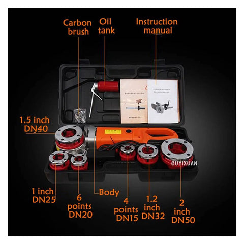 Heavy Duty Handheld Electric Pipe Threader Offering A Hella Grippy Handle And Rock Solid Aluminum Build For Zero Hassle Galvanized Iron Threading On Daily Home Repair Jobs with accessories and manual.