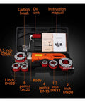 Pro Grade Portable Electric Pipe Threader featuring a beefy 2300W motor, aluminum body, and various heads for 1-1.5 inch pipes.