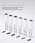 Mystic Galaxy 9D Cat Eye Gel Nail Polish Set With Jelly Cat Eye Effect bottles and swatches on display.