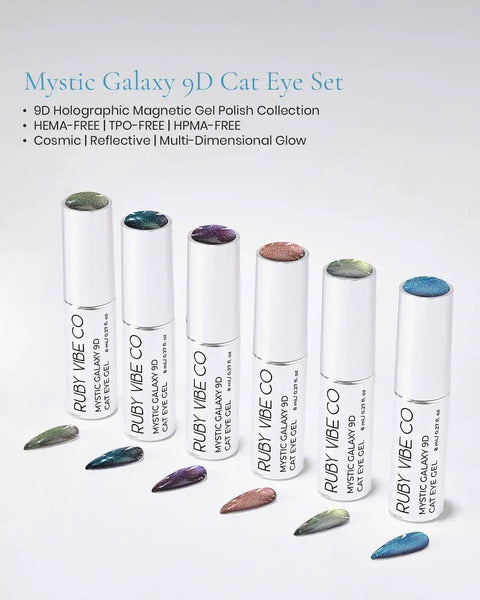 Mystic Galaxy 9D Cat Eye Gel Nail Polish Set With Jelly Cat Eye Effect bottles and swatches on display.
