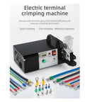 Heavy Duty Electric Terminal Crimping Machine With Built In Wire Stripper Cutter For All Terminals, featuring controls and crimping tools.
