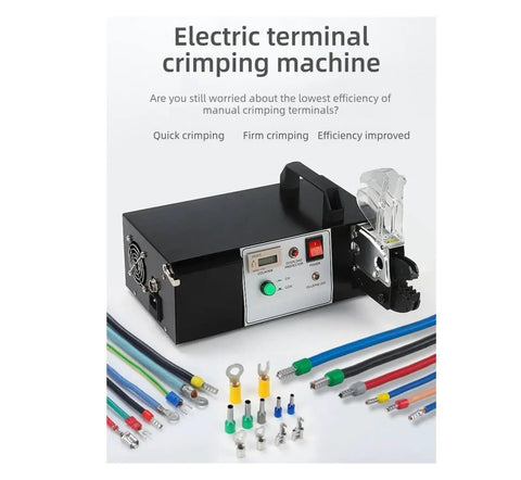 Heavy Duty Electric Terminal Crimping Machine With Built In Wire Stripper Cutter For All Terminals, featuring controls and crimping tools.