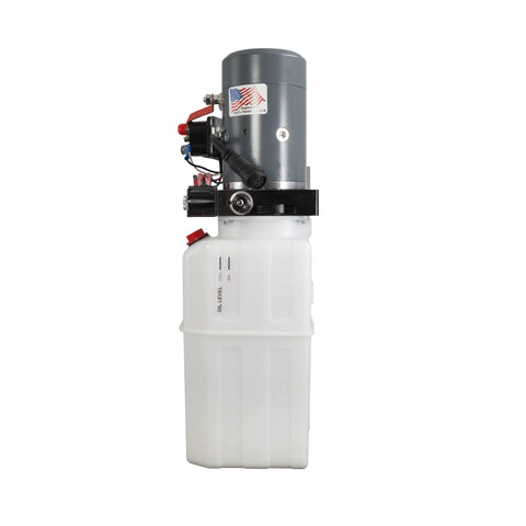 Beefy 12V Hydraulic Pump For Single And Double Acting Systems With 6 Quart Capacity Portable Durable Metal Build Built To Handle Lifts And Hydraulics In Tough Work Environments, side view