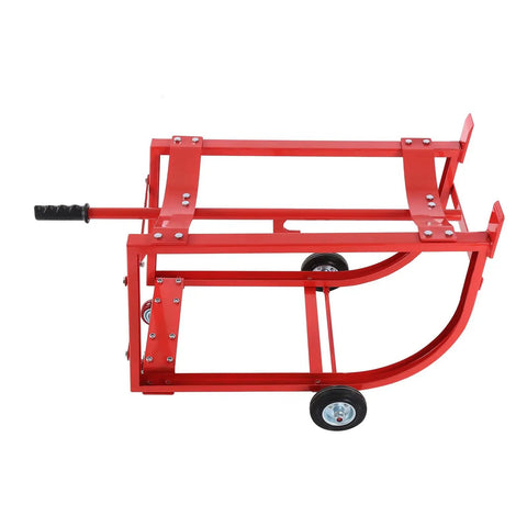 Heavy Duty Steel Drum Cradle For 55 Gallon Barrels With Retractable Lever And Rock Solid Build, angled view showing red frame and wheels.