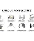 Various accessories for Pro Grade Electric Forklift Truck including drum clamp, rotator, and carton clamp.