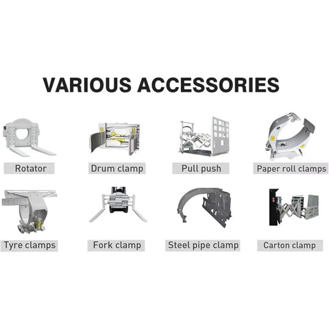 Various accessories for Pro Grade Electric Forklift Truck including drum clamp, rotator, and carton clamp.