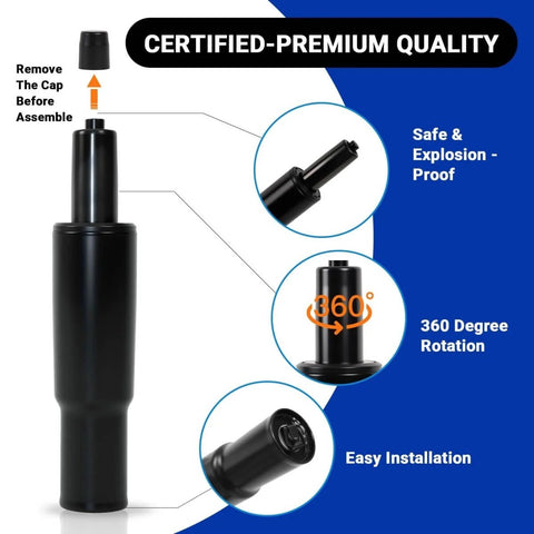 2.4 Inch Short Gas Lift Cylinder For Office Chairs, Heavy Duty 1000lbs Class 4 Hydraulic Lift shown with features like 360 rotation.