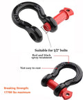 Rock Solid 1/2 Inch D Ring Shackle Built Different With 8 Ton Rated 17700 Pounds Breaking Strength, black and red color, suitable for off-road towing.