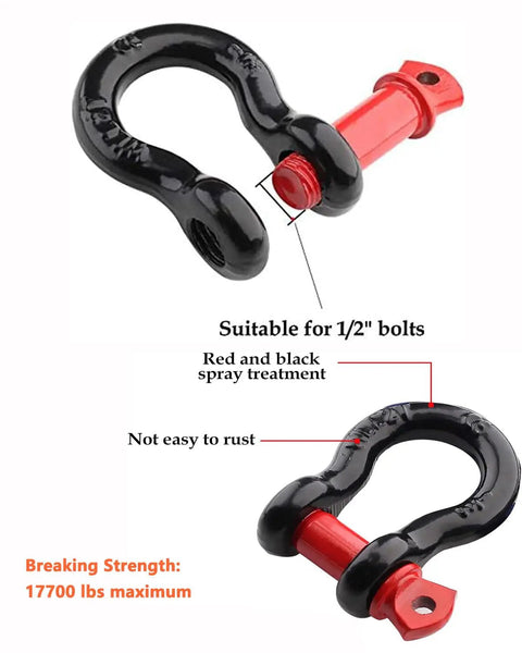Rock Solid 1/2 Inch D Ring Shackle Built Different With 8 Ton Rated 17700 Pounds Breaking Strength, black and red color, suitable for off-road towing.