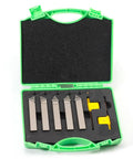 Top Shelf Mini Indexable Lathe Turning Tool Set With Half Inch Nickel Plated Shank Holders Plus Razor Sharp Carbide Insert Blades in green case.