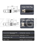 Diagram showing M12 8 Pin Waterproof Actuator Cable with straight male to female connector, IP67 rating, suitable for industrial use.