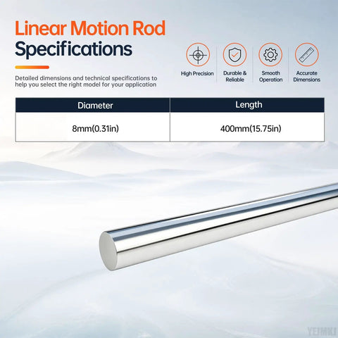 Precision 8mm x 400mm Linear Motion Rods Shaft Guide specifications showing diameter and length.