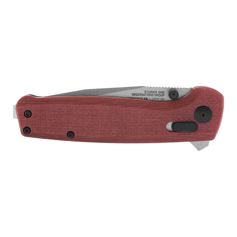 Terminus XR G10 Folding Knife with Ambidextrous Opening, shown closed, featuring a crimson G10 handle and stonewashed hardware.