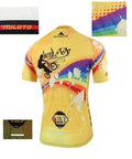 Rear view of a colorful cycling jersey with abstract graphics, showing details of fabric texture and stitched logos.