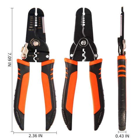 Five In One Wire Stripper And Crimping Tool For Ten To Twenty Two AWG Electrical Wires with Cutter, front and side view
