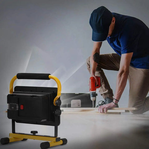 GoTo 60W LED Work Light Cordless Floodlight With 6000LM, man drilling wood using the floodlight
