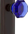 Deco Plate Passage Waldorf Cobalt Door Knob Set in Timeless Bronze, solid forged brass plate with lead crystal knob, side view