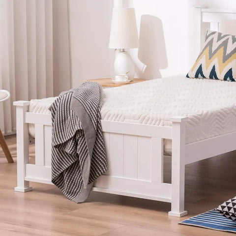 Twin Size Solid Wood Platform Bed Frame With Headboard No Box Spring Needed White Finish Wood Slat Mattress Support Built Different Design For A Cozy Nightly Sleep Experience Upgrade with cozy blanket.