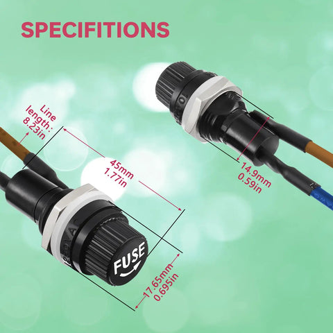 6X30MM Panel Mount Fuse Holder Kit With Screw Cap And Presoldered Wires 250VAC 10A 125VAC 15A specifications image showing fuse dimensions.