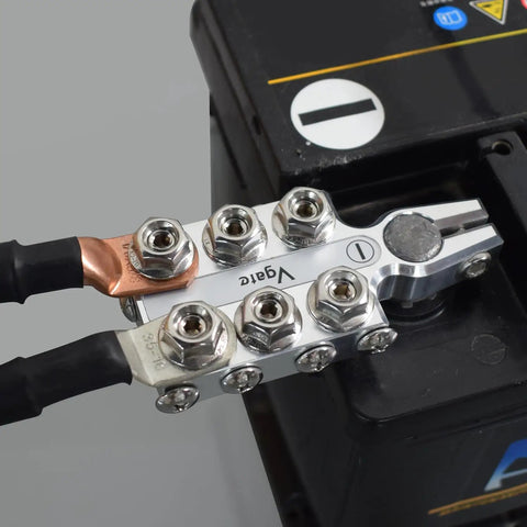Beefy 16-Way Lead Acid Battery Post Terminal Ends With Distribution Block Bus Bar For 8 AWG Up To 4/0 XL Gauge Positive And Negative For SAE DIN EN Tapered Top Posts, on lead-acid battery